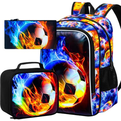 17 Inch Schooltas College Boekentas met Lunchtas Set, Voetbalpatroon Rugzakken voor Tieners Jongens
