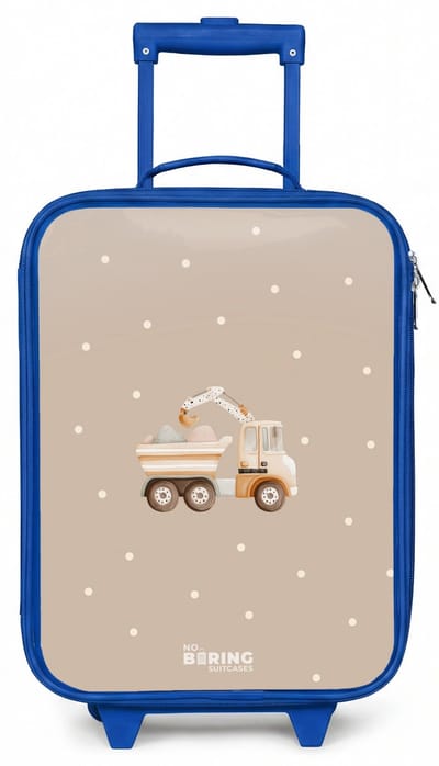 NoBoringSuitcases.com® - Kinderkoffer blauw - Kindertrolley jongen - Gele kiepwagen met stenen en stippenpatroon - Koffer kind lichtgewicht - Reiskoffer trolley voor kinderen - Koffertje met lichtgevende wieltjes - Rolkoffer