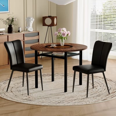 Merax Ronde Eettafelgroep - 100 Cm - Met Veiligheidsglas En Glasplateau - 2 Zwarte Kunstleren Stoelen - Bruin-Zwart