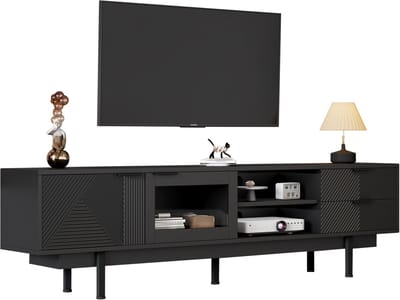 MODFU TV-meubel 200 x 40 x 50,5 cm van spaanplaat en gehard glas, 2 deuren en 2 laden, modern zwart