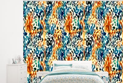 Behang - Fotobehang Oranje - Blauw - Dierenprint - Patronen - Breedte 300 cm x hoogte 240 cm