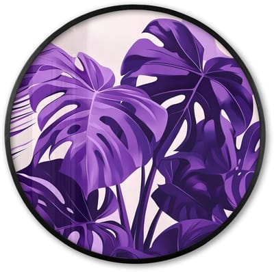 Poster in lijst Rond - Fotolijst 60x60 cm - Posters - Bladeren - Paars - Tropisch - Abstract - Ronde posterlijst zwart - Decoratie - Wanddecoratie woonkamer - Muurdecoratie slaapkamer
