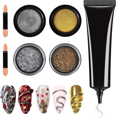 3D Sculpting Nail Art Set met 15g No Wipe Gel, Metallic Chrome Poeders en Decoratieve Beads voor Creatieve Nageldesigns en Versieringen