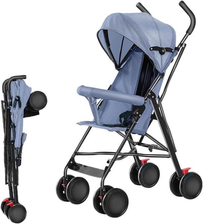 OHMG Compacte kinderwagen, kinderwagen voor baby's van 0 tot 6 jaar, kinderwagen van EVA, kinderwagen met 4 wielen, zittende kinderwagen, parasol, muggennet met katoenen kussen, afsluitbare wielen