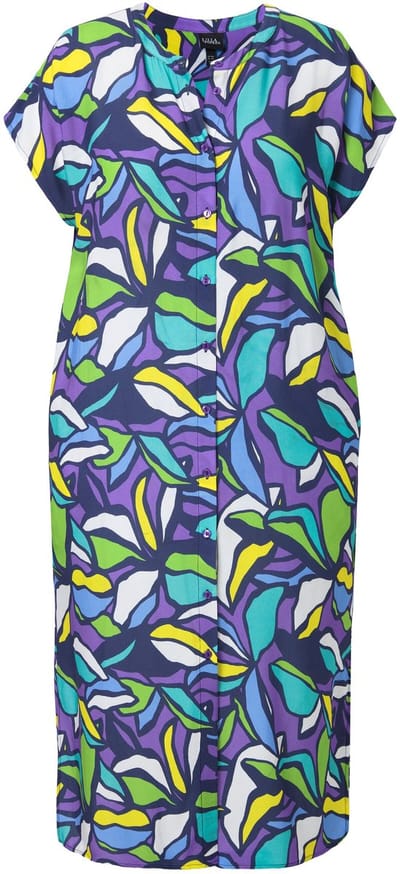 Ulla Popken - Dames - Midi-jurk bladeren oversized opstaande kraag korte mouwen - Purper - Maat 62+