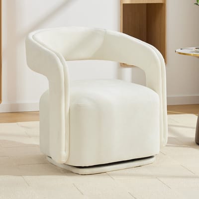 Draaifauteuil - Chenille loungestoel - Comfortabele accentstoel - Ronde zitting - 70x65,5x74cm - 360 graden draaibaar - Woonkamer en leeshoek Wit