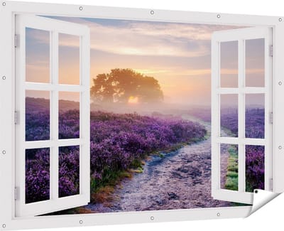 Gards Tuinposter Doorkijk Pad in de Weide van de Veluwe - 180x120 cm - Tuindoek - Tuindecoratie - Wanddecoratie buiten - Tuinschilderij