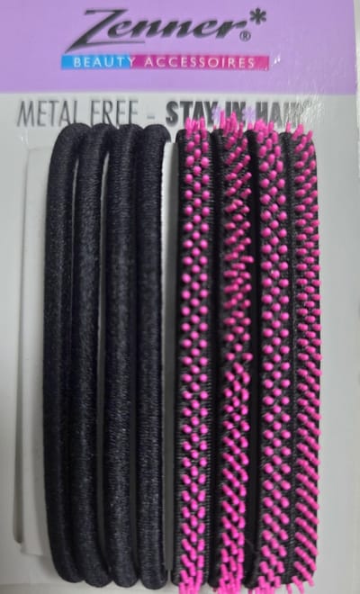 Zenner 8 haarelastieken metalfree - stay in hair - metaalvrij - 4x haarelastiekje zwart - 4x haarelastiekje met roze siliconen 3d puntjes - medium