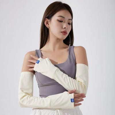 Manchons de Refroidissement Manchons en Soie Glacée Anti-Ultraviolets Anti-UV Manchons de Protection Solaire Couvre-Bras Gants de Cyclisme Gants Longs Fins Été beige