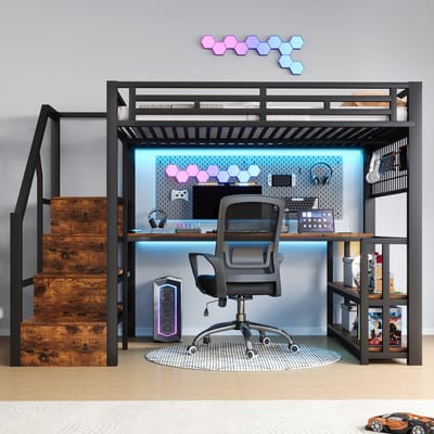 PHOEBE CAT Hoogslaper - 140 x 200 cm - Metalen frame - Opbergplanken - LED-verlichting - Met bureau - USB/Type-C - Zwart