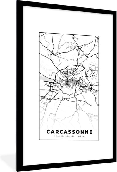 Fotolijst incl. Poster Zwart Wit- Kaart - Plattegrond - Frankrijk - Stadskaart - Carcassonne - Zwart wit - 60x90 cm - Posterlijst