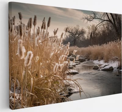 Saammp Canvas Schilderij - Bevroren Gras - Bloemen - Landschap - Natuur - 30x20 - Foto op canvas - Wanddecoratie - Muurdecoratie Woonkamer - Slaapkamer decoratie - Canvas Print