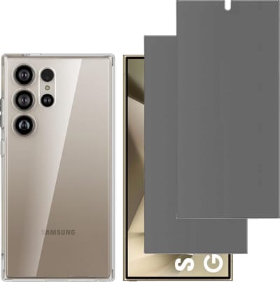 Hoesje geschikt voor Samsung Galaxy S24 Ultra backcover siliconen Transparant en 2 stuks Beschermglas Privacy Glas Screenprotector van glazen schermbeschermfolie