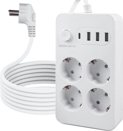 USB type C stekkerdoos met 2 m gevlochten kabel - 4-voudige stekkerdoos 2500 W 10 A - stekkerdoos met overspanningsbeveiliging - stekkerverlenging voor wandstopcontact (wit) .