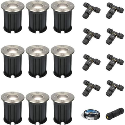Set van 9 Maisy LED Grondspot - Dimbaar - Rond - Ø12cm - GU10 - 4 Watt 345 Lumen - 6500K daglicht wit - RVS - IP67 waterdicht - Tuinspot - Oprit - Inclusief installatiemateriaal (Kabel & connector)