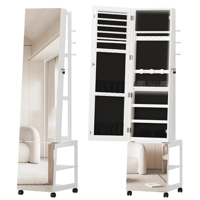 Sieradekast – Voor Slaapkamer & Dressing – Met LED-Lichtstrip, Kledingrek, Verplaatsbare Passpiegel met Wielen en Afsluitbare Opbergvakken met Haak – Wit