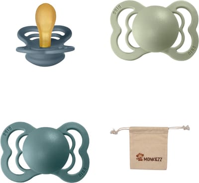 BIBS Supreme Fopspenen - Maat 1 0-6 maanden - Latex – Petrol – Island Sea– Sage + Monkiezz speenzakje