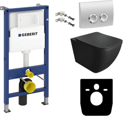 Inbouwreservoir Complete Toiletset Geberit Duofix Basic - Inbouw WC Hangtoilet Wandcloset ONIL BLACK Zwart Mat - Bedieningsplaat DELTA Chroom Rund - Voorwandelement - Installatiesysteem