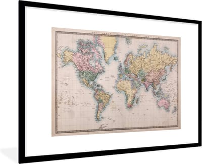 Poster in lijst - Fotolijst 90x60 cm - Posters - Wereldkaart - Retro - Kleuren - Posterlijst zwart - Decoratie - Wanddecoratie woonkamer - Muurdecoratie slaapkamer