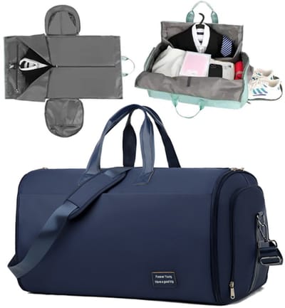 KZQ Reistas, 45L Grote Omvormbare Hangende Kledingzak en Weekender Tas voor Mannen en Vrouwen, 2 in 1 Sporttas met Schoenenvak, Waterdichte Lichtgewicht Handbagage met Trolley Sleeve, Donkerblauw