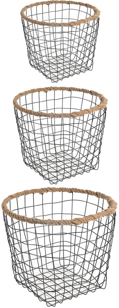 Metalen manden SINO, set van 3 met hennepvlechtwerk - zwart