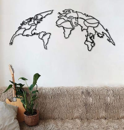 Metalen wereldkaart - Wanddecoratie - Huis decoreren - Originele creatie - 130 x 50 cm - Zwart