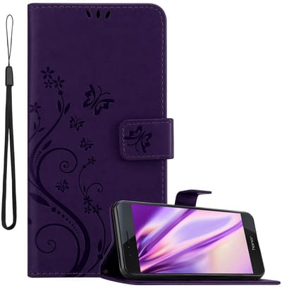 Cadorabo Hoesje geschikt voor Honor 8 / 8 PREMIUM in BLOEMEN DONKER PAARS - Beschermhoes in bloemmotief met magnetische sluiting, standfunctie en kaartsleuven Book Case Cover Etui