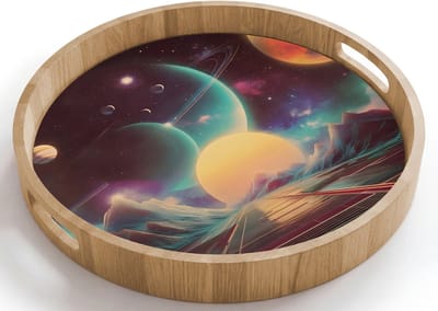 Dienblad rond 40x40 cm - Schootdienblad hout - Planeten - Neon - Berglandschap - Zon - Borrelplank rechthoek - Plateau houten dienbladen