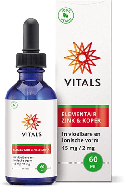 Vitals Elementair Zink & Koper - 60 ml - mineralen. Zink en koper in vloeibare en ionische vorm.