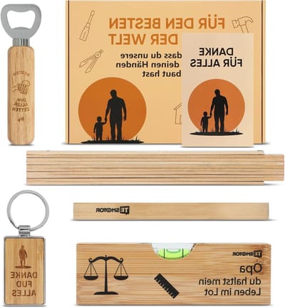 Cadeauset voor Grootvader, 6-delige set met liniaal, flesopener, potlood, sleutelhanger, waterpas en wenskaart, persoonlijk cadeau voor verjaardag of vaderdag