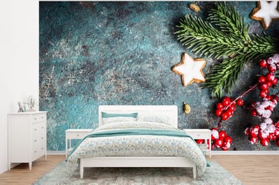Behang - Fotobehang Kerst - Rustiek - Takken - Steranijs - Bes - Rood - Breedte 350 cm x hoogte 260 cm