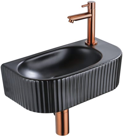 QeramiQ Fuente fonteinset – halfrond – 40x21.5x12 cm – keramiek zwart mat – kraangat rechts – geribbeld