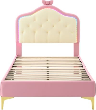 Gestoffeerd bed 90x200cm Eenpersoonsbed zonder matras Roze PU met houten latten met meerkleurige LED-strips Kinderbed