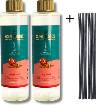 Scentmoods Geurstokjes Navulling Appel Kaneel Set van 2 + 12 Geurstokjes - Geurverspreider - Luchtverfrisser - Huisparfum - 400ml x 2