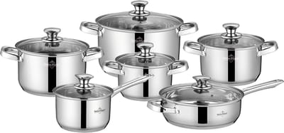 Swiss Haus® DC1012 Pannenset Inductie - 12-Delig Kookpannen set - RVS Pannen Set PFAS Vrij - Kookpotten, Hapjespan & Steelpan - Geschikt voor Alle Warmtebronnen - Vaatwas & Ovenbestendig - RVS