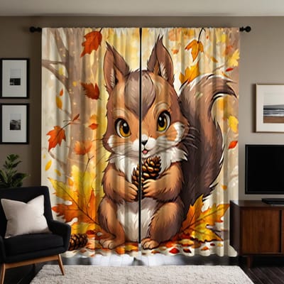 2 pièces de feuilles d'automne HD style vent tenant une pomme de pin petit écureuil rideau Rideau à impression numérique jaune décoration de maison style W52H63inchW132H160cm beige