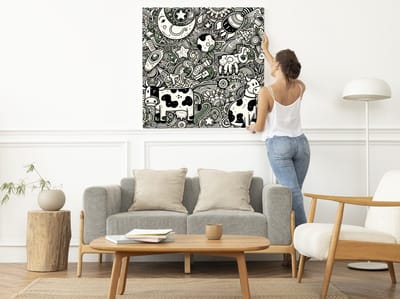 Doodle koeien schilderij | Boerse creatie: speelse zwier van doldwaze tekeningen koeien | Kunst - 100x100 centimeter op Canvas | Foto op Canvas