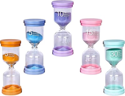 Thijox - 5 Stuks Zandloper Set - Keukentimer voor Tijdmanagement (3/5/10/15/30 Minuten) - Kleurrijke Zandklokken met Anti-Schok Design voor Kinderen,