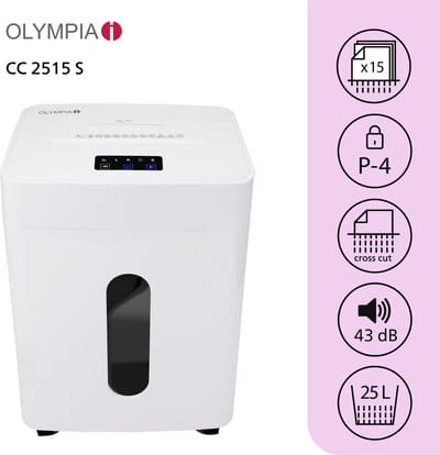 Olympia CC 2515 S Papierversnipperaar - Extreem stil <43dB - Beveiligingsniveau P-4/DIN 66399 - Cross Cut - 25 Liter - Wielen - Kantoor- of thuisgebruik - Wit