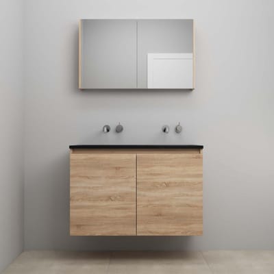 On-Line Badkamermeubelset - 100 cm - Bouwpakket - Greeploze Ladestructuur - Acryl Wastafel - zonder Kraangat - Spiegelkast - Eiken