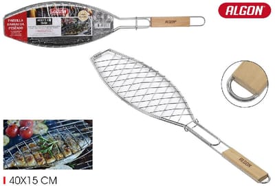 Barbecue Grill Klem | voor Vis, Vlees & Groente | Visgrill | BBQ Rooster | Chroom en Hout | 40x15 cm