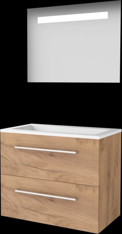 Basic-Line Economic 46 Badkamermeubelset - 80 x 46 cm - Met Grepen - 2 Lades - Acryl Wastafel - Zonder Kraangat - Spiegel met LED Verlichting - Whisky Oak