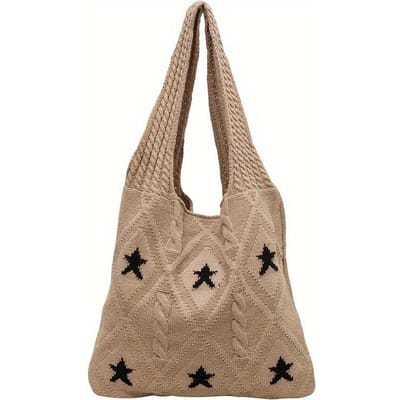 Vintage Sterrenpatroon Tote Bag voor Dames | Chique Gehaakte Schoudertas, Geen Sluiting, Perfect voor Reizen & Strand kaki