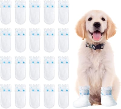 hondenlaarzen voor pootbescherming, 20 stuks, huisdierschoenen met verstelbare zelfklevende bandage, wegwerpvoetafdekkingen voor buiten en binnen (wit, medium)