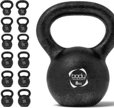 Kettlebell van gietijzer - zwart - 8 kg - platte antislip onderkant