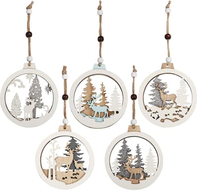 Unyqoos ® Houten Kerstdecoratie Set van 5 Stuks met Lasergesneden Ontwerpen voor Feestelijke Versiering