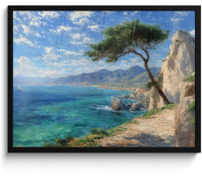 Poster in lijst - Fotolijst 80x60 cm - Posters - Rotsen - Kustlijn - Boom - Bergen - Posterlijst zwart - Decoratie - Wanddecoratie woonkamer - Muurdecoratie slaapkamer