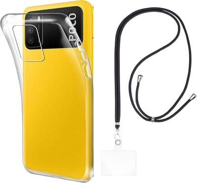 Set met hoesje en nekband voor xiaomi poco m3 - Flexibele, transparante TPU-bescherming, verstelbare universele nekband voor mobiele telefoons, zwarte nekband, transparante draagriem van Phonillico®