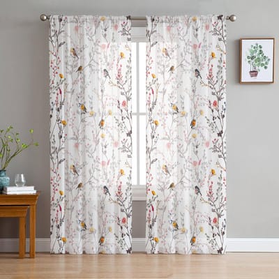 Lente Vogel Zonnebloem Orchidee Retro Voile Transparante Gordijnen Woonkamer Raam Tule Gordijn Keuken Slaapkamer Gordijnen Huisdecoratie 135W x 114H(cm) white