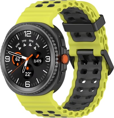 Stravo Ocean Siliconen Bandje met Gespsluiting – Geschikt voor Samsung Galaxy Watch 9 (40/44mm) / Watch 8 (40/44mm) / 8 Classic (46mm) – Ademend & Waterdicht Sport Horlogebandje – Geelgroen/grijs